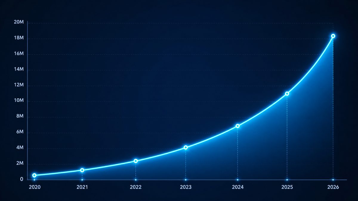 毒舌电影用户增长数据图表,展示2020-2026年注册用户从50万增长至1800万的趋势